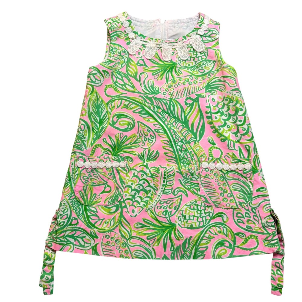 Lilly Pulitzer Girls Pink Green Paisley Pineapple Lace Shift Dress Size 2 Preppy